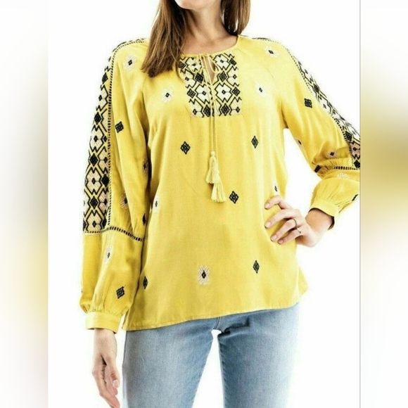 Solitaire Yellow Embroidered Women's Top Long Sleeves Size XL Tasselled Boho - Picture 1 of 12